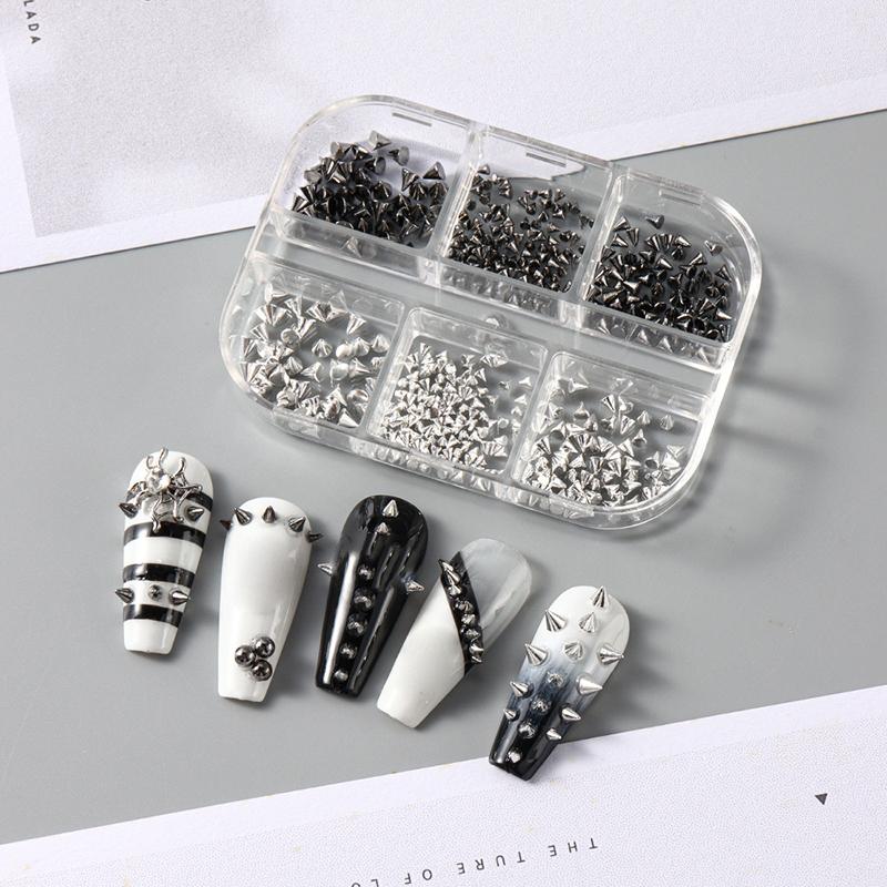 6 Grids Y2K Punk Metal Rivet Nail Charms Cone Mixed Sized Black Silver Nail Art Studs 3D Stylish Alloy Spike For Diy Nails Decor