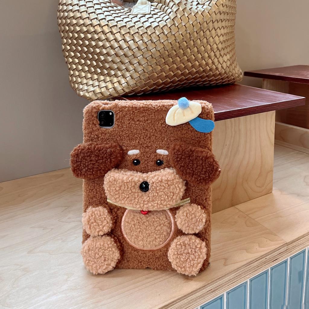 Cute Plush Teddy Dog Case for iPad A16 2025 11/12th A19 2026 Mini 6 7 8.3in iPad 7 8 9 10th 10.2in 10th 10.9in 10.5 Pro 11 Air 11 12.9 13 Tablet Case