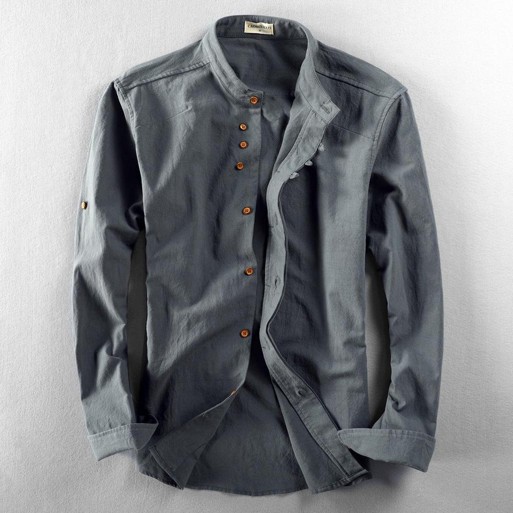 2026 Men's Casual Linen Shirt - Autumn/Winter Chinese Style with Stand Collar