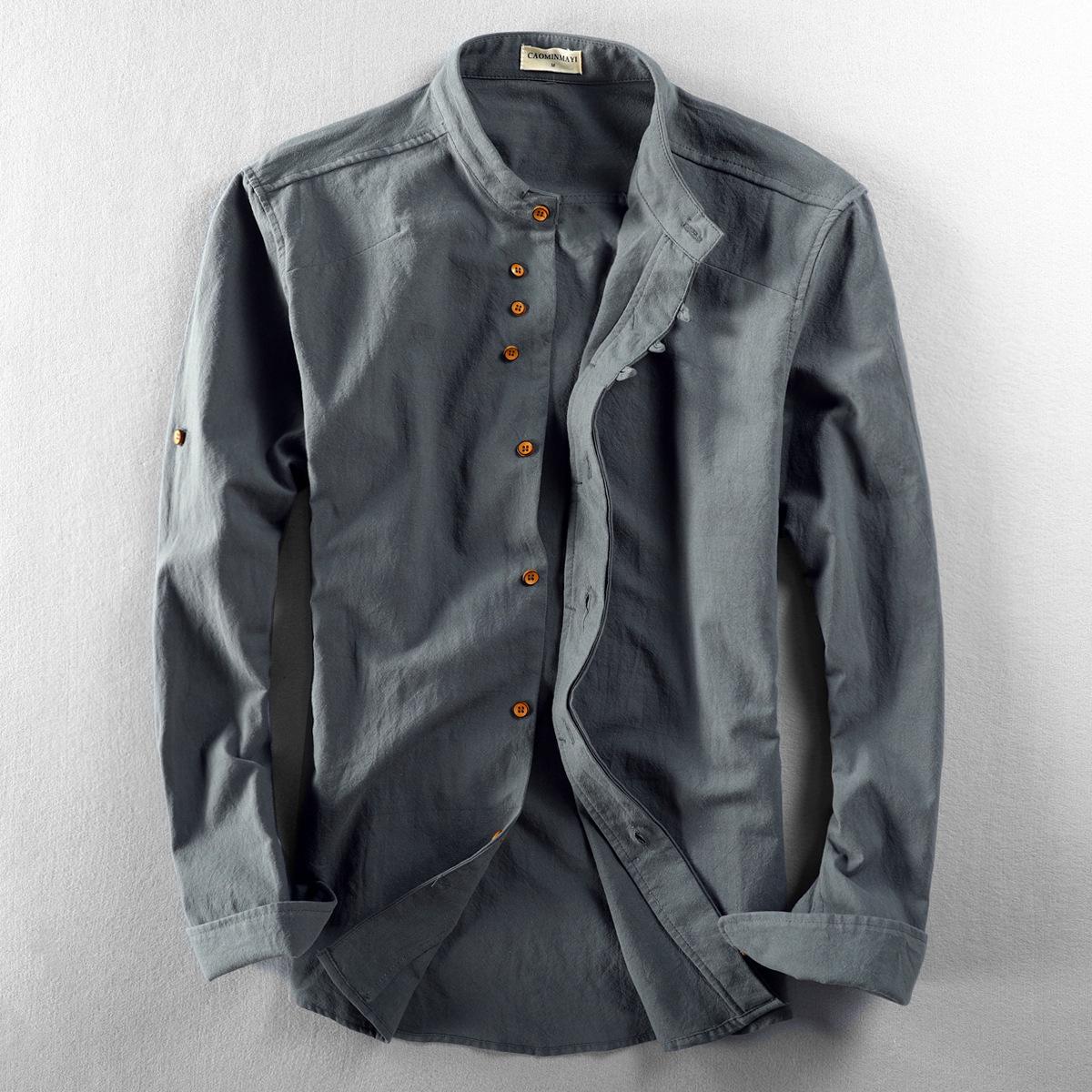 

2026 Men s Casual Linen Shirt - Autumn/Winter Chinese Style with Stand Collar M темно-серого