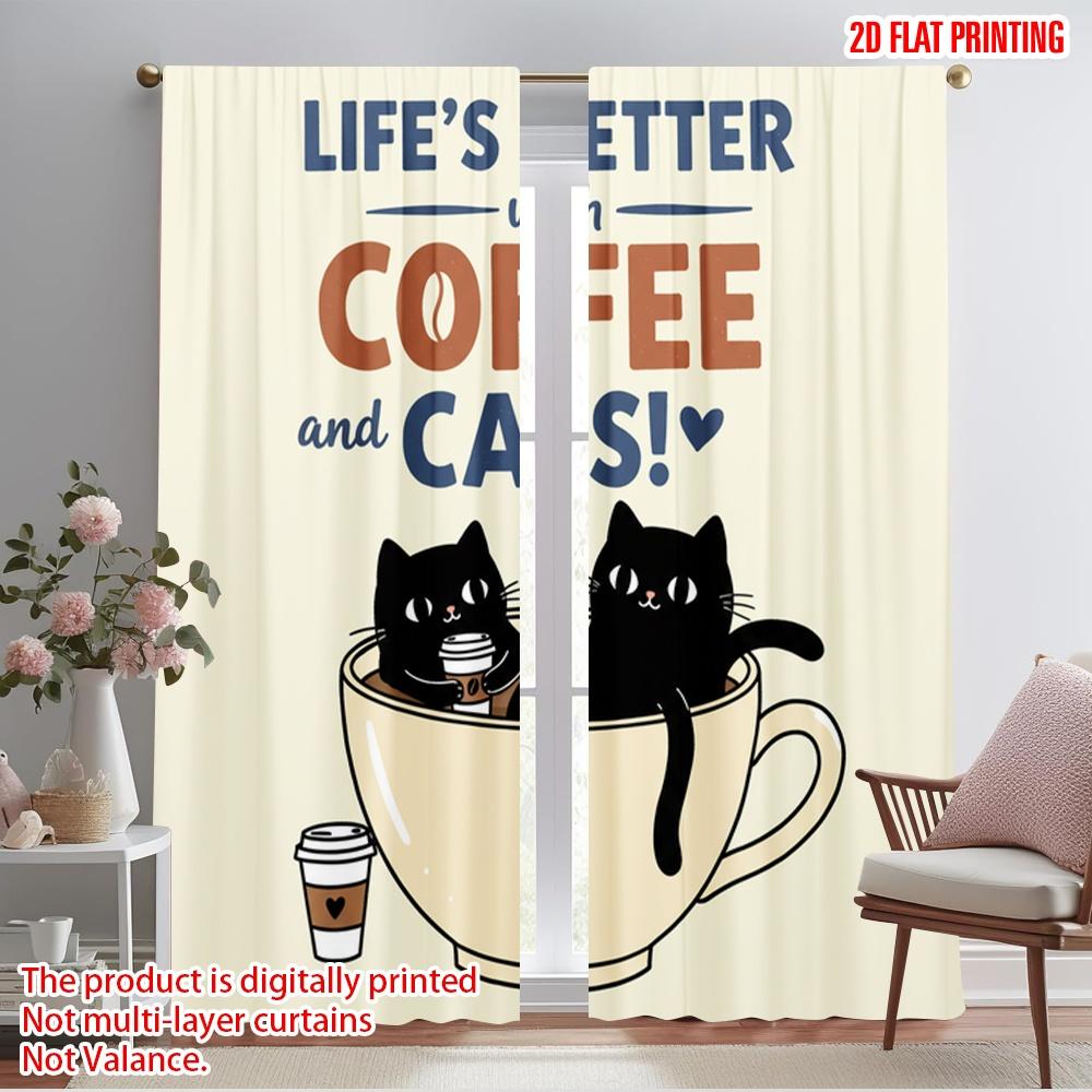 

2pcs 2D flat printing Curtains Life Better Coffee Cats 100% Polyester Fabric Without Electricity Family Party Perfect for 52.50×116.00 CM 2pcs
