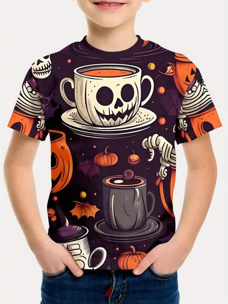 Halloween Printed T-Shirts Casual Round Neck Short-Sleeved Tops Summerand Children's Boys and Girls Fashion 3D Print Clothing