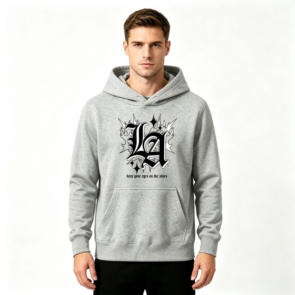 Erkek Kazak Kapüşonlu Sweatshirt, Günlük Giyim İçin Rahat LA Yıldız Alev Grafik Baskılı Uzun Kollu Kapüşonlu Sweatshirt