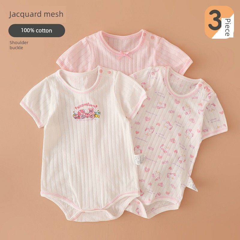 Japanese-Style Baby Romper, Pure Cotton, Thin, Breathable Mesh, Short-Sleeve Jumpsuit for Baby Girls, Summer