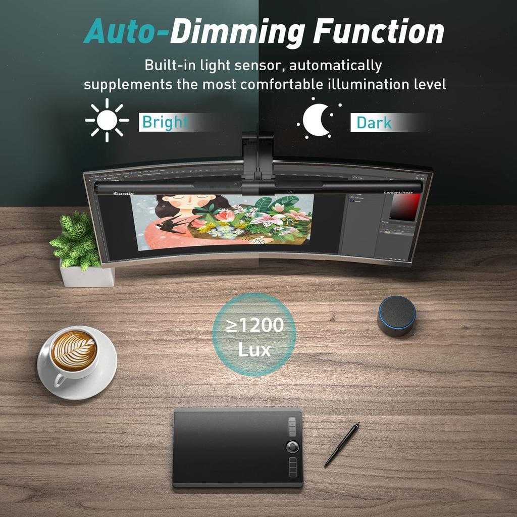 Quntis Desk Light Monitor Light Bar Light Wireless Remote Control Automatic Dimming 1200 Lux High Color Rendering Compatible with Curved USB Monitor