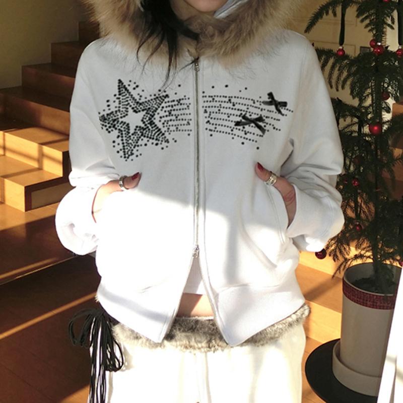2KWEIRD Gothic Vintage Rhinestones Graphic Hoodie Solid Fur Patchwork Hooded Jackets Women's Double Zipper Coats
