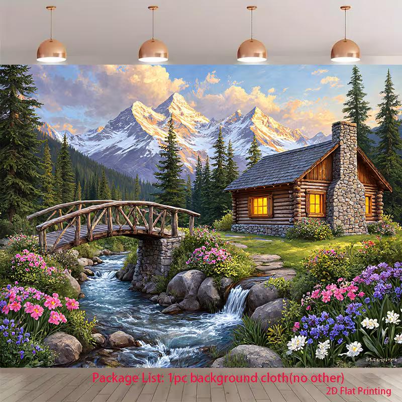 2D Serene Mountain Valley Cabin Backdrop for Scenic Party Decoration