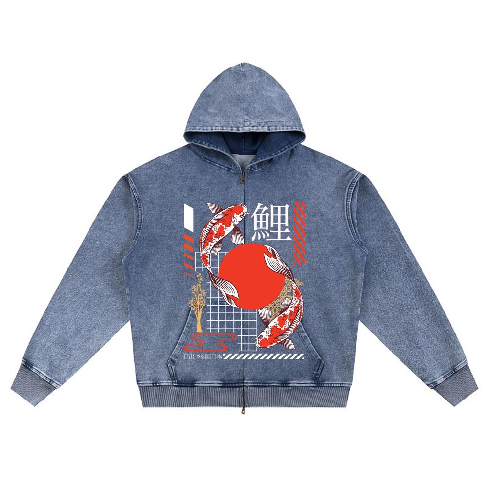 DTG Print Knitted Denim Zip-Up Hoodie Japanese_streetwear 3 Brother Print Zipper Hoodies  
