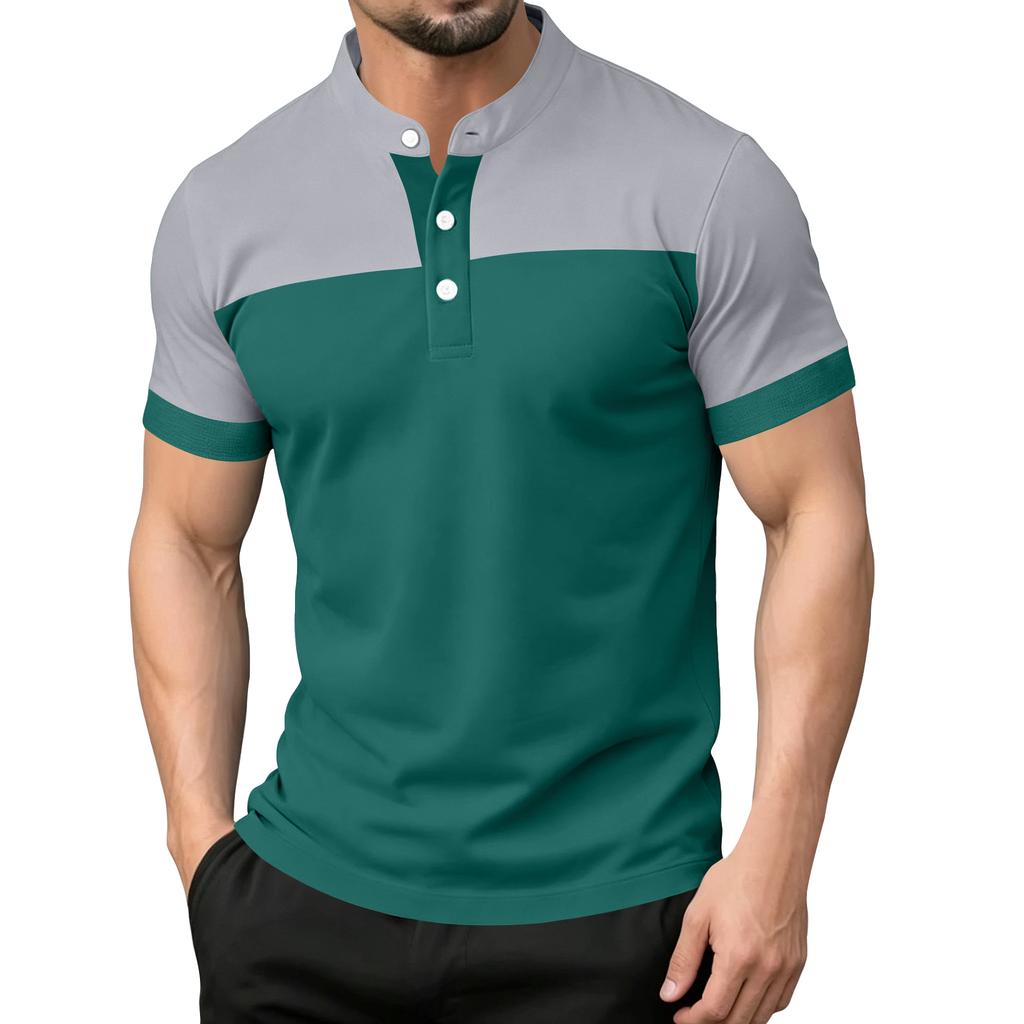 Men's Casual Short Sleeve Polo Shirt Button Placket Stand Collar Slim Fit Lightweight Breathable Fabric Summer Top