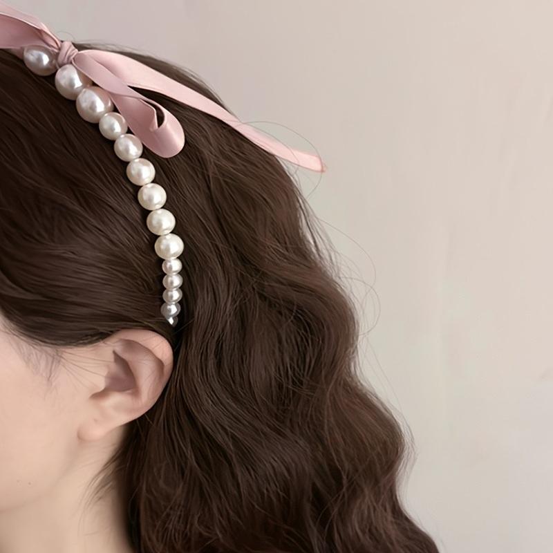 1PC Pink Bow Ribbon Pearl Headband Premium Sense Sweet Temperament Hairpin Headband