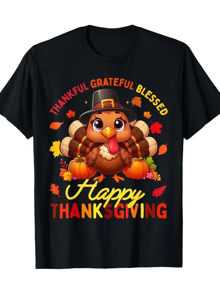 

hankful Grateful Blessed Happy Thanksgiving Turkey T-Shirt-100% Cotton 2XL