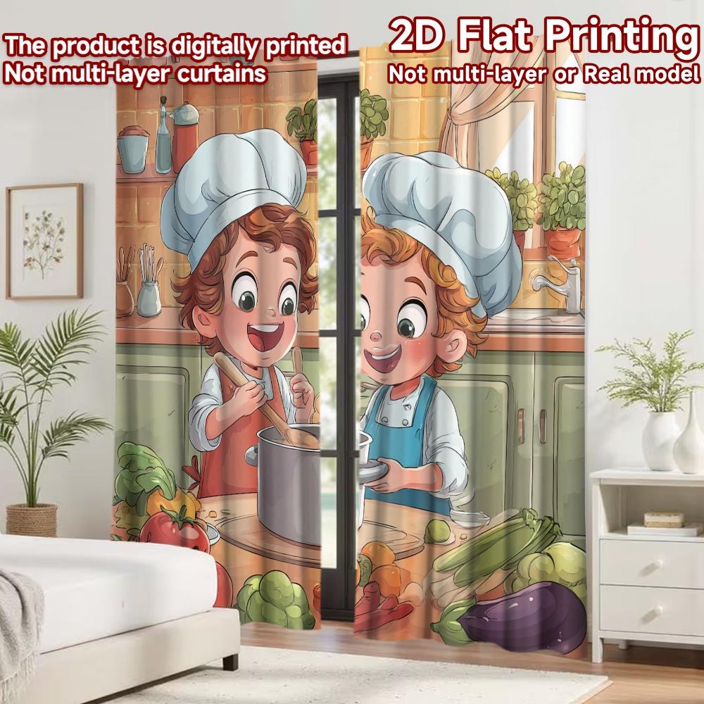 2D flat printing 2pcs Curtain Drapes Kids Cooking Together Digital Printed Polyester Drapes Festive Curtains for New Year