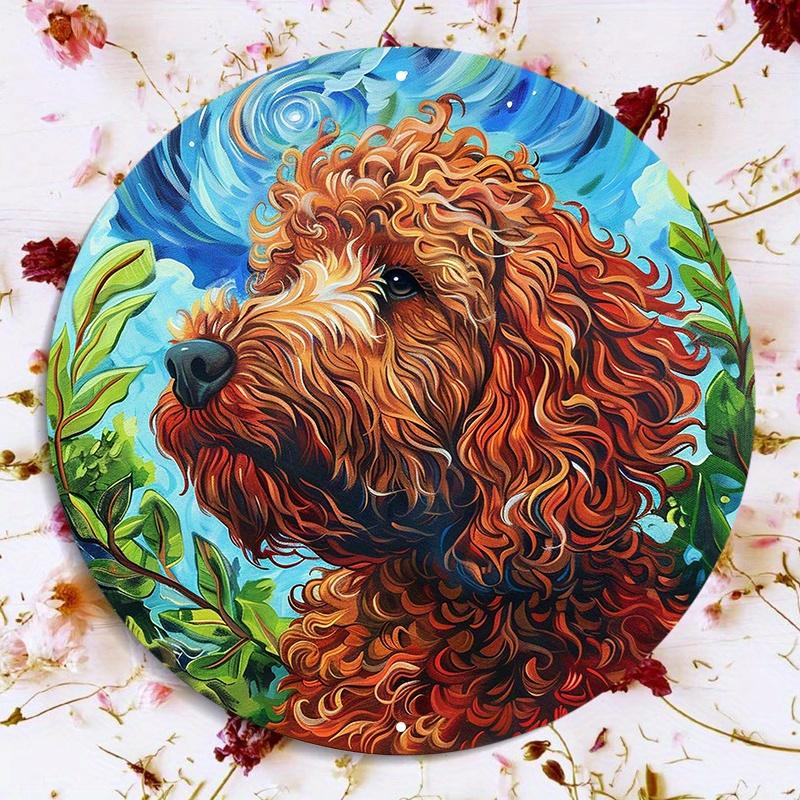 Colorful Van Gogh Style Labradoodle Dog Round Metal Sign D Flat Printed Swirly Starry Sky Art Tin Plaque Vibrant Floral and P 20x20cm(8x8inch)