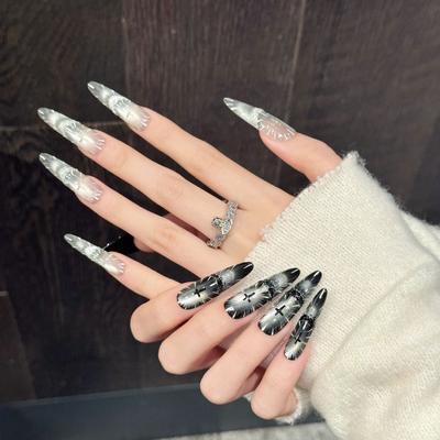 Long Stiletto Press On Nails French Tip Fake Nails False Nails with Designs Reusable Almond Nail Press Ons Sparkly Acrylic Artificial Nails for Women