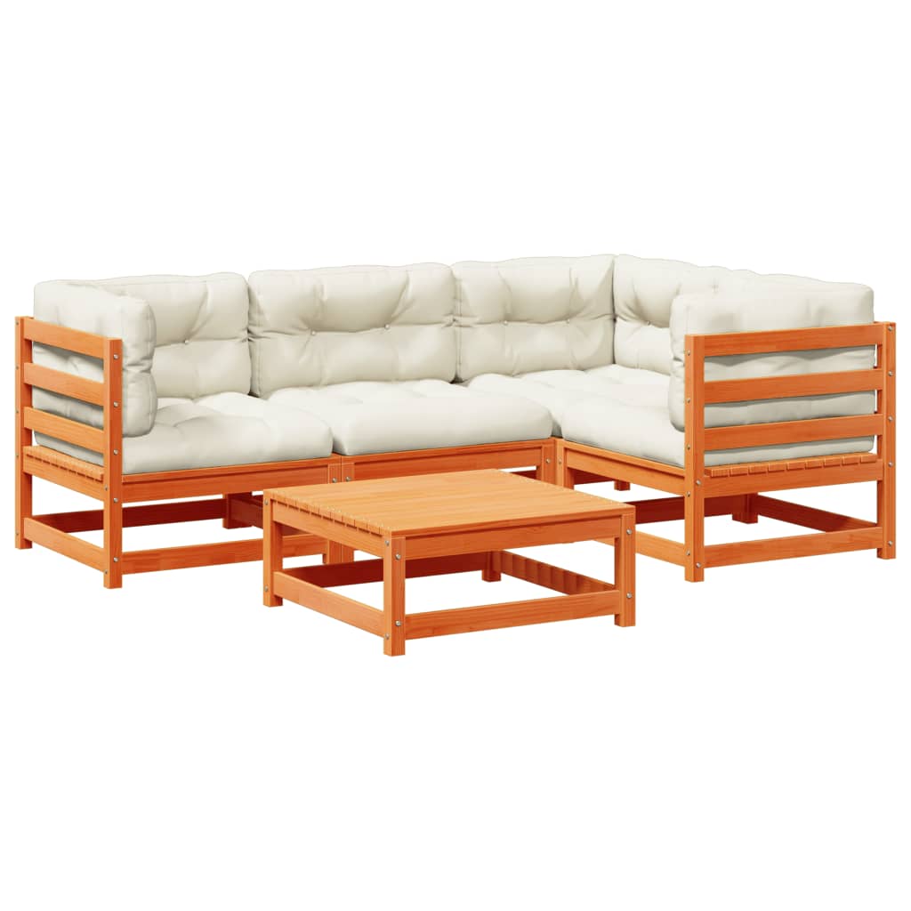 5 piece Garden Sofa Set with Cushions Wax Brown Pine Wood