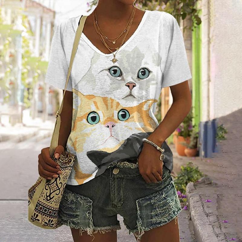 Women's T Shirt Summer Cat print Casual Short Sleeve V-Neck Tee Fashion Streetwear Female Oversized Clothing
