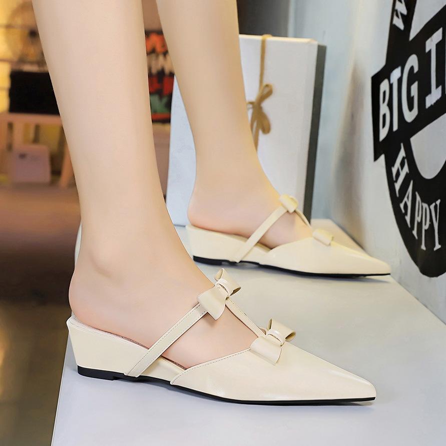 8CM French Wedge Heel Pointed Sandals Versatile Bow Medium High Heels Heightening Slippers Women's Outer Wear