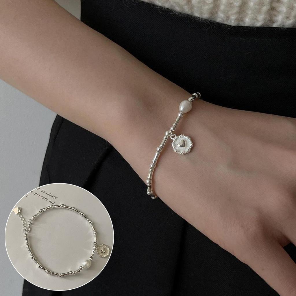 Vintage 925 Silver Bamboo Pearl Bracelet for Women Korean Style Round Bead Heart-shaped Bracelets Jewelry Birthday Gift
