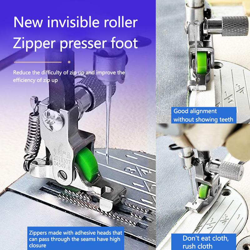 1ks ocelová válečková přítlačná patka pro neviditelný zip S518L/T168 s válečkovou patkou pro průmyslový šicí stroj s vázaným stehem