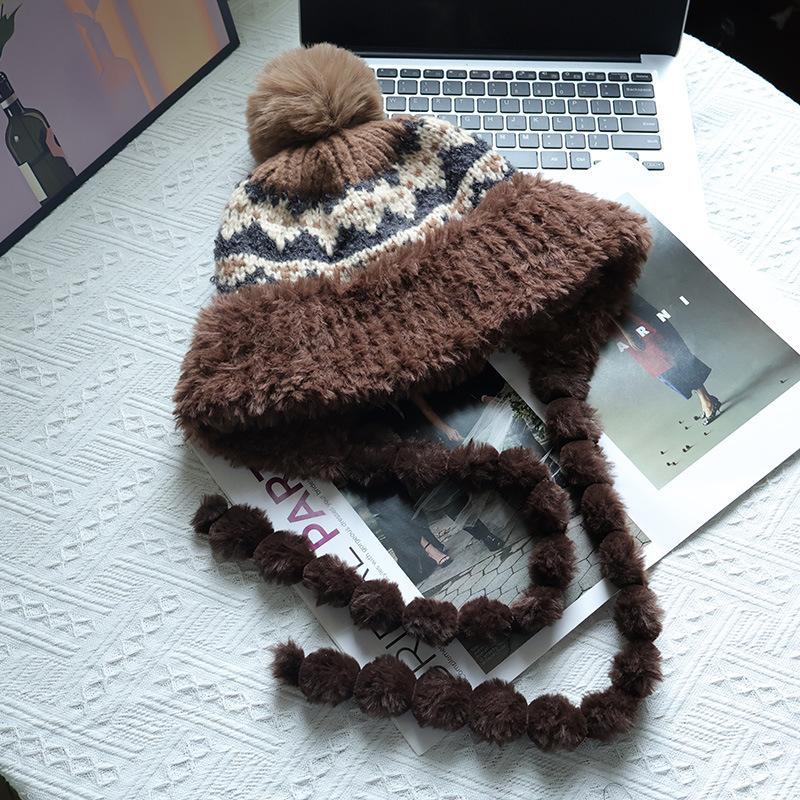 

Autumn and winter jacquard knitted hat big fur collar plush thickened thermal ear protection hat versatile bag head wool hat One Size Elastic