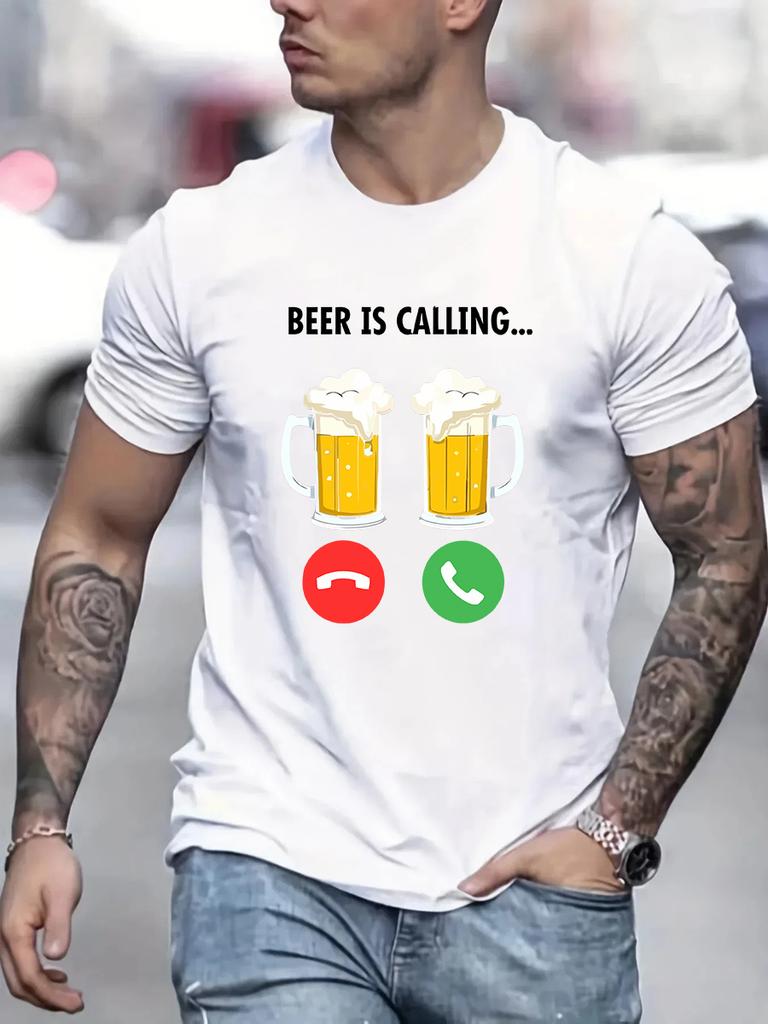 Men's 100% Cotton Summer Loose Size Fashi Beer Is Calling Print Slim Fit Casual Sports Round Neck Short Sleeved T-shirt Top