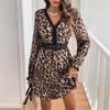 French Women Retro Style V Neck Leopard Long Sleeve Lace Patchwork Long Sleeve Dress Mature Style French Retro Slim Sexy Elegant Women Maxi Dress