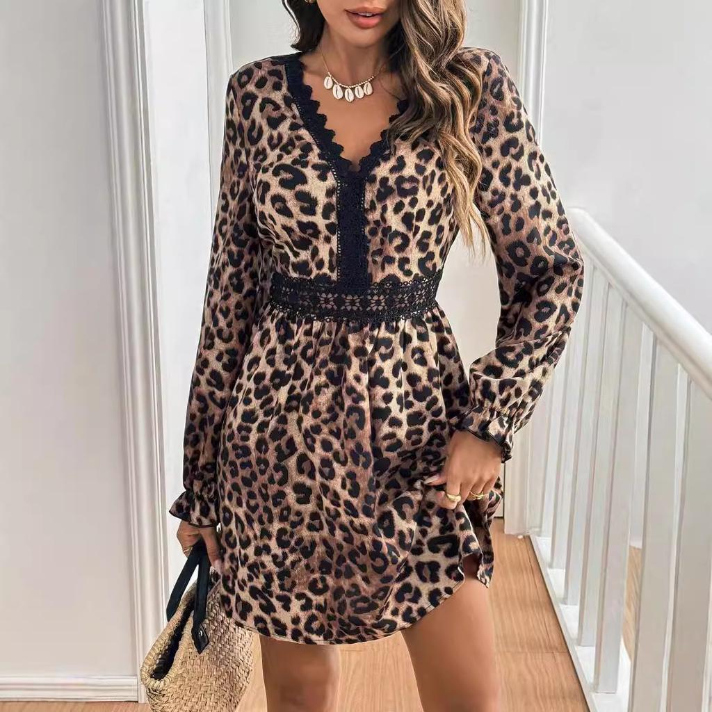 French Women Retro Style V Neck Leopard Long Sleeve Lace Patchwork Long Sleeve Dress Mature Style French Retro Slim Sexy Elegant Women Maxi Dress