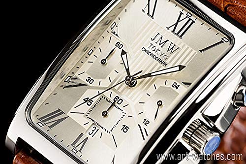 JMW TOKYO Herrenuhr quadratisch in Weißsilber & Braun. Limitierte Auflage Seiko Quarzwerk mit Echtlederarmband. Einfach und beliebt für Unternehmen