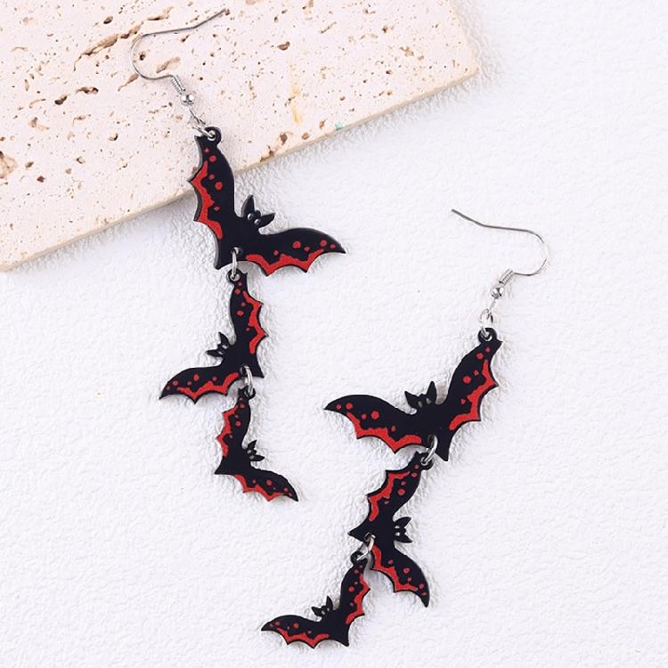 Fish Hook Bat Dangle Earrings Acrylic Pair for Spooky Season Styling, Halloween Costumes and Party Photo Looks