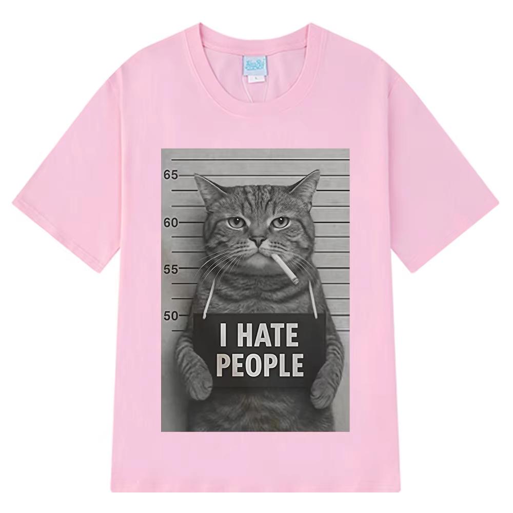 I Hate People Meow Print Tshirt Fun Cat Print T Shirts Men Women Loose Short Sleeve Clothing Harajuku Cotton Casual Tshirts