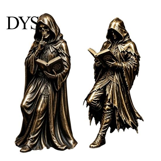 Creepy Tabletop Art Gothic Hooded Reaper Reading Book Resin Statue, Mystical Wizard Skull Figurine Spooky Sculpture Desktop Bookshelf Decor,