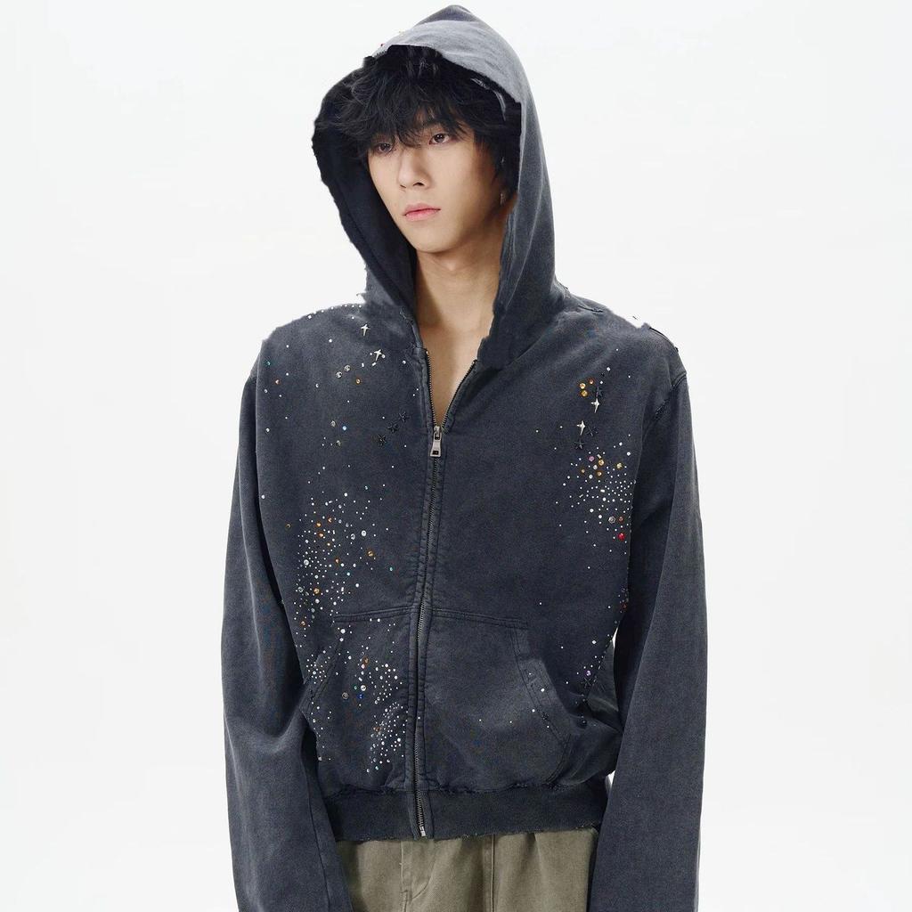 Jaqueta com Capuz Manga Longa Zíper Unissex Oversized Streetwear Vintage Lavado Moletom Estrela Strass Casaco