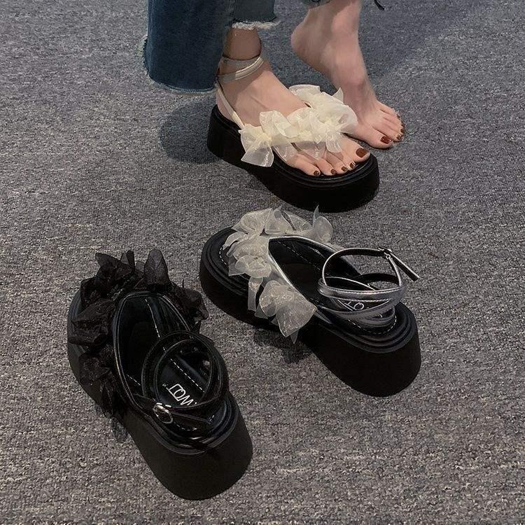 2024 Summer Exquisite Women's Fairy Sandals: Height-Enhancing, Thick-Soled, Bowknot Design, Perfect for Dresses and Beach Outings