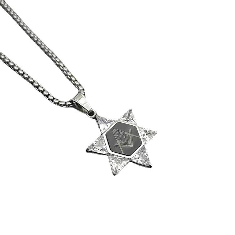 Popular Jewelry Retro Masonic Hexagram Zircon Mens Alloy Pendant Necklace