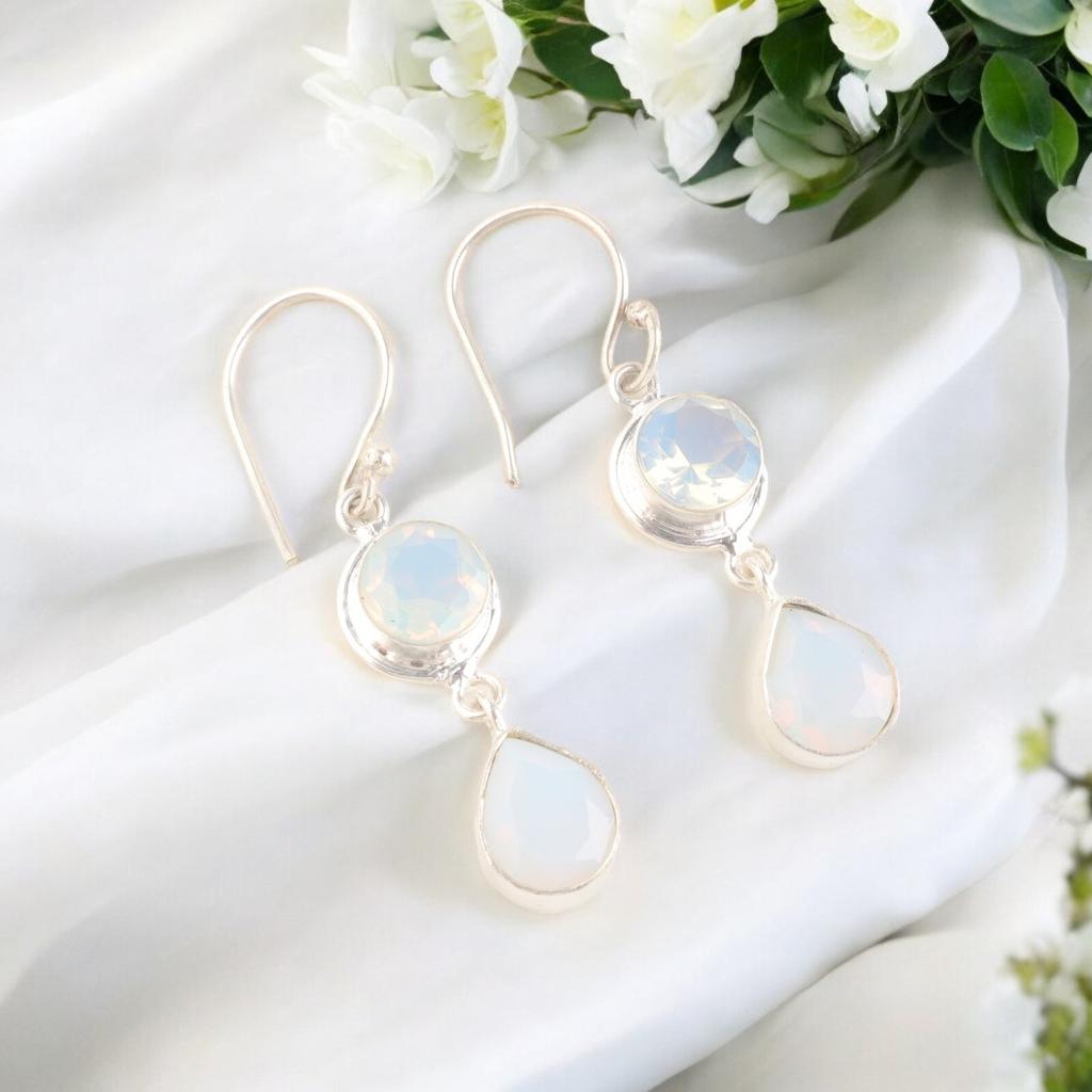 Natural Milky Opal Gemstone 925 Sterling Silver Handmade Jewelry Earrings 1.8" EE-142-18