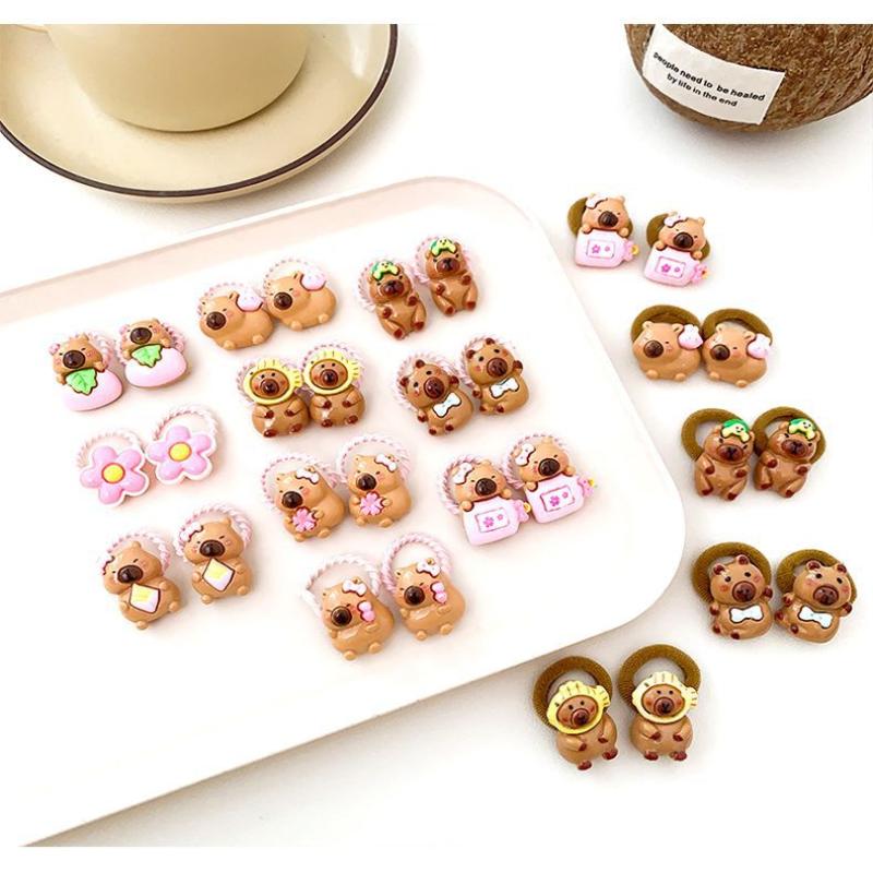 10Pcs Cute Capybara Hair Rope High Elasticity Twist Leather Band Cartoon Capybara Hanging Beads Headband Hair Accessories