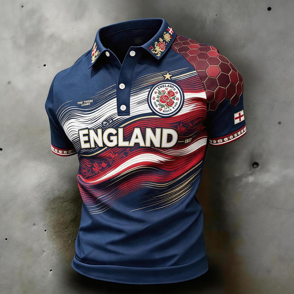 Men's Football Polo Shirt England Inspired Classic Fit Short Sleeve Sports Jersey Breathable Lightweight Fabric
