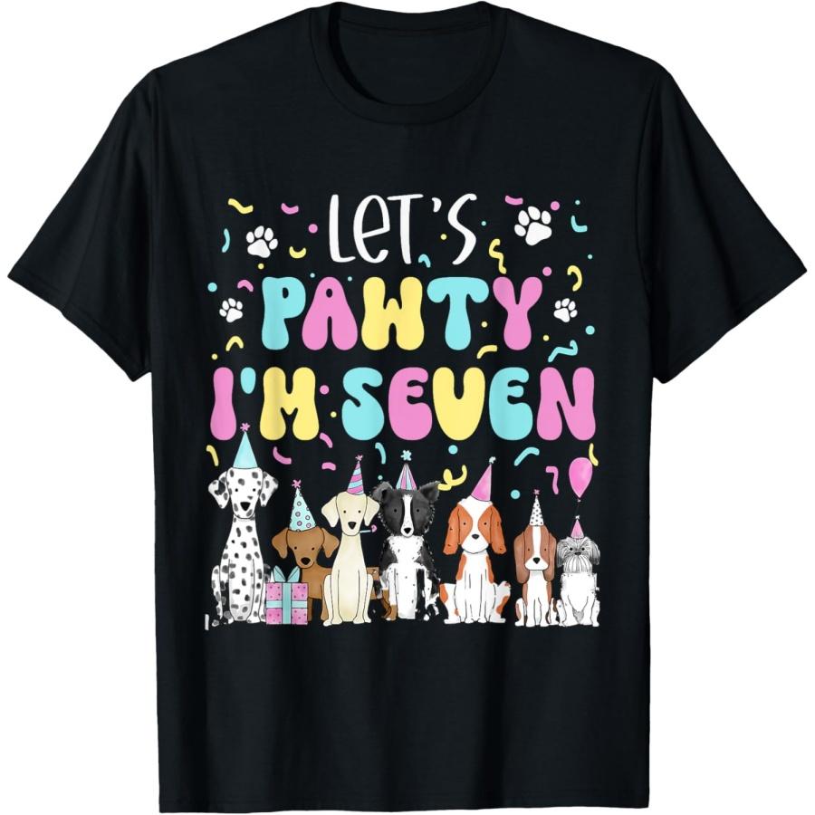 Kids Lets Pawty I m Seven Pet Puppy Dog Theme Birthday Party T-Shirt S