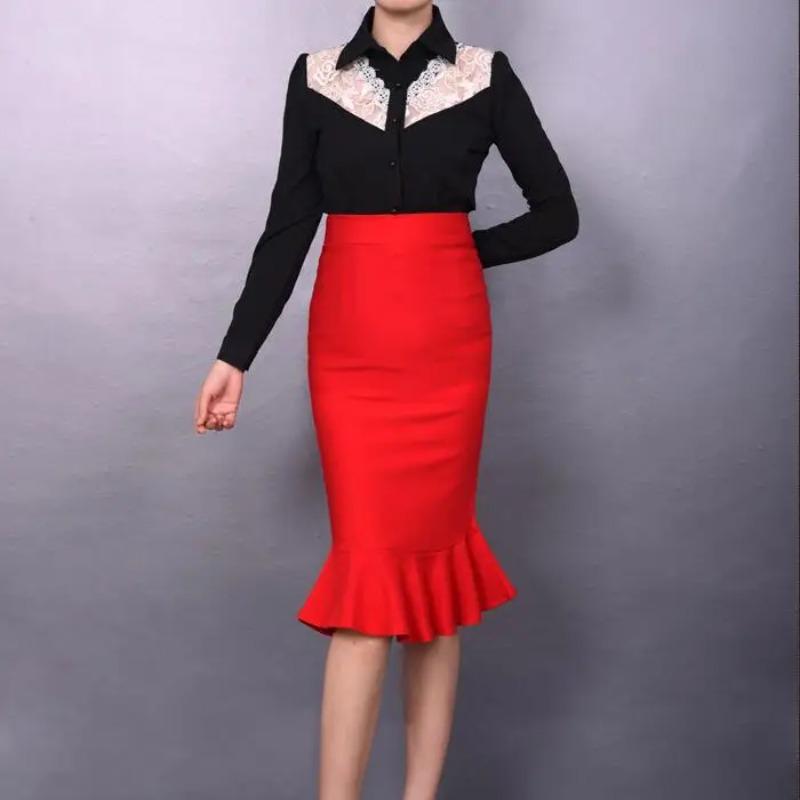 Female New Lotus Leaf Pack Hip Fish Skirt High Waist Sexy Stretch One Step Skirt Plus Size