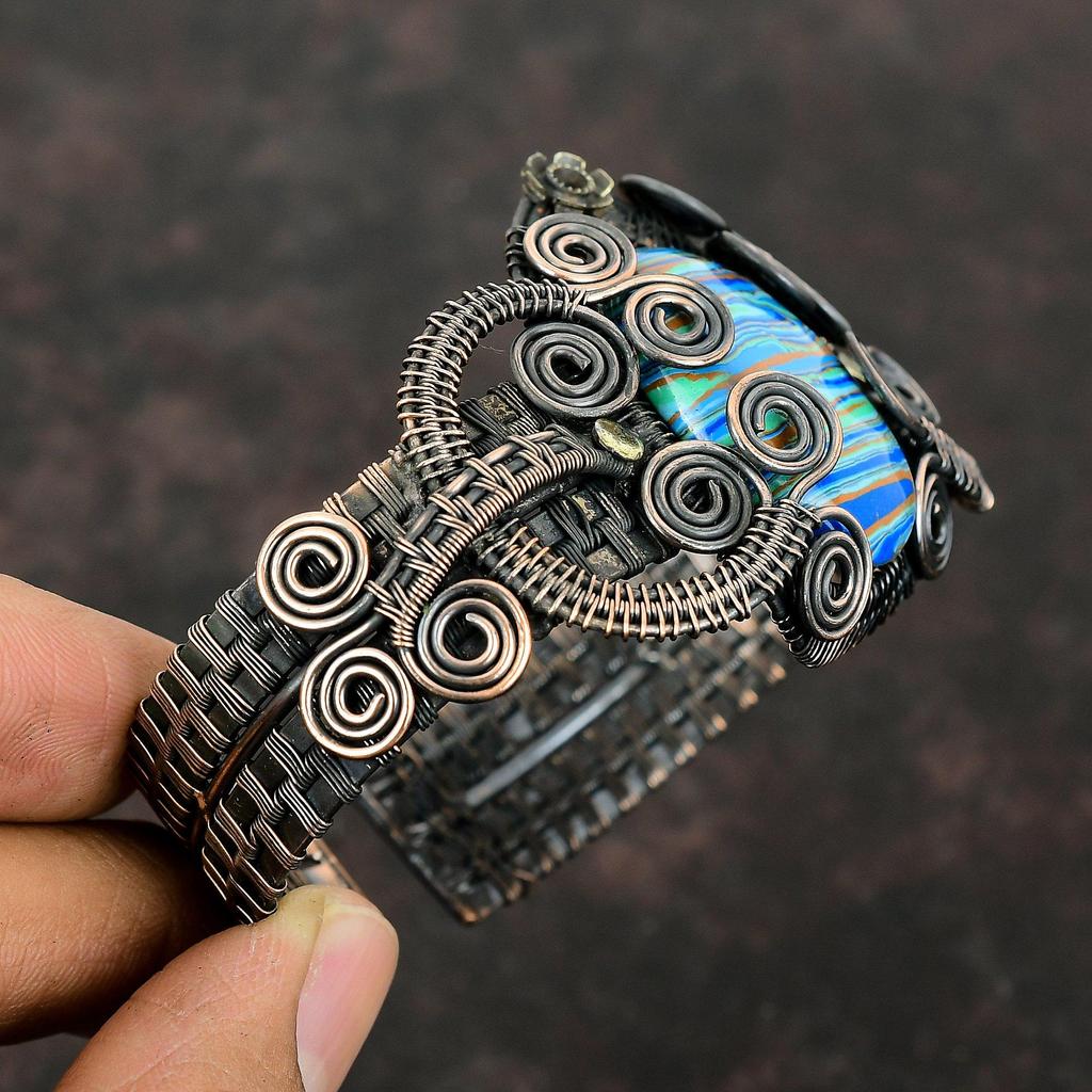 Rainbow Calsilica Cuff Bracelet Copper Wire Wrapped Gemstone Bangle Handmade Jewelry Adjustable Cuff Bracelet Copper Jewelry Engagement Gift