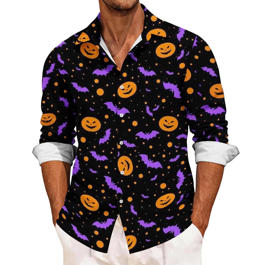 Men's Casual Long Sleeve Halloween Print Button Down Shirt Relaxed Fit Lightweight Breathable Fabric Comfortable Daily Wear