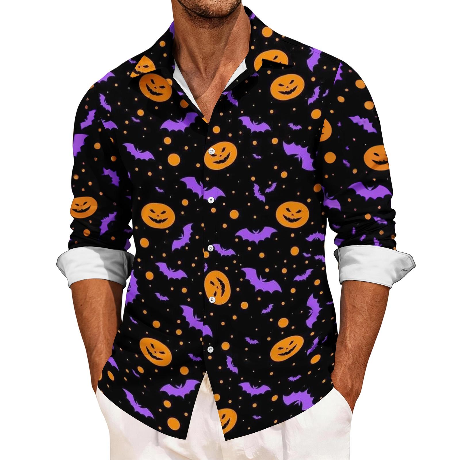 Men s Halloween Printed Long Sleeve Casual Shirt, Open Sleeve Sports Top for Men XXL