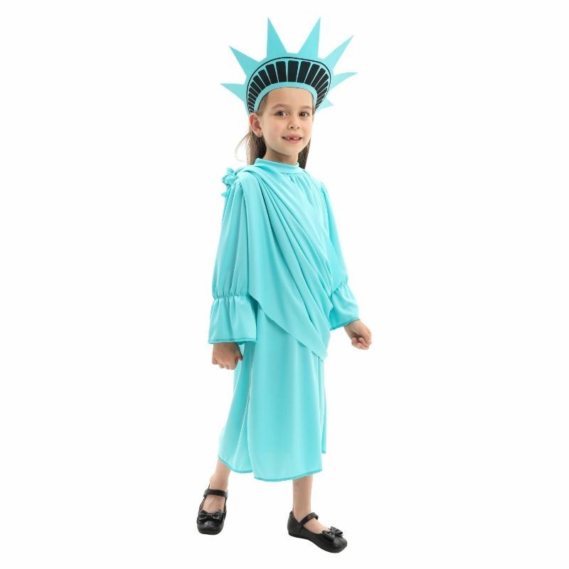 Déguisement Statue de la Liberté pour Enfants pour le Jour de l'Indépendance Filles Ensemble Robe Deluxe avec Couronne Torche & Cape pour le 4 Juillet