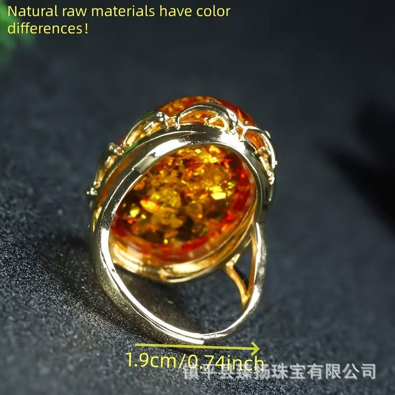 Amber Flower Inlaid Beeswax Ring - Elegant Yellow for Birthday or Girlfriend Gift