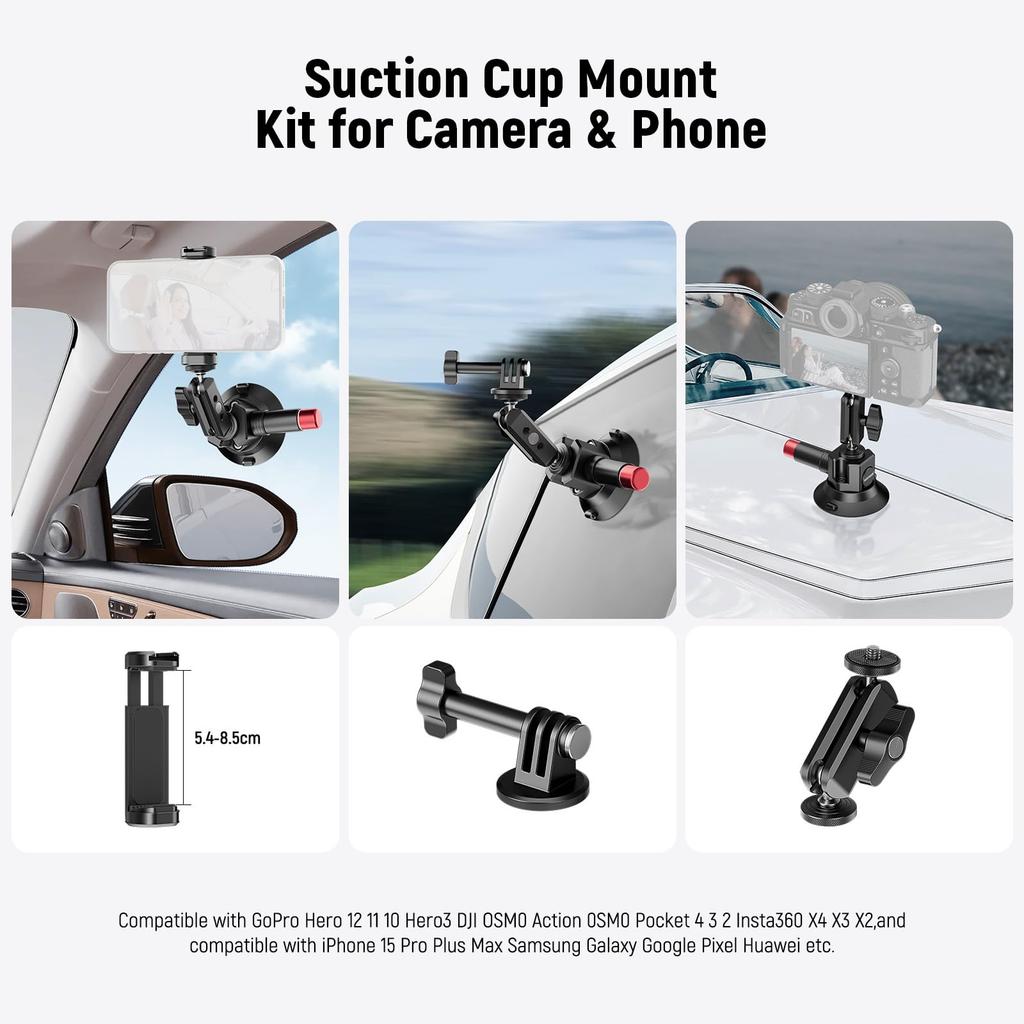 Neewer Vacuum Suction Cup Mount 3-inch Ball Head Magic Arm Smartphone and Action Camera Adapter Aluminum Quick Release Car Mount with 1/4" and 3/8"