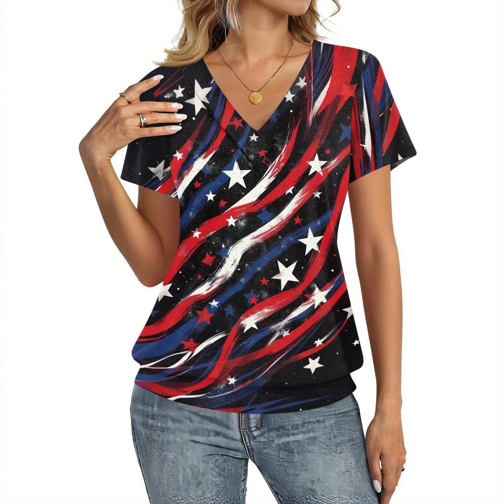 Damen Top mit kurzen Ärmeln und V-Ausschnitt mit Unabhängigkeitstag Flagge und Blumenprint Lässiger lockerer Schnitt Bequemes Shirt