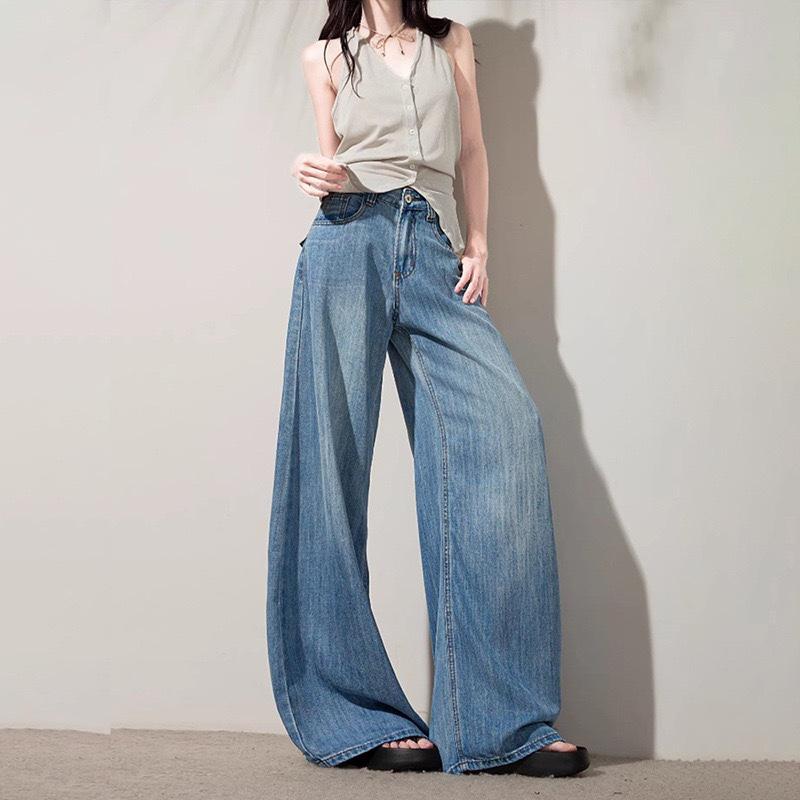 Blue High Waist Lysel Tencel Wide Leg Jeans Women's New Style Slimming Loose Fit Straight Cut Denim Pants