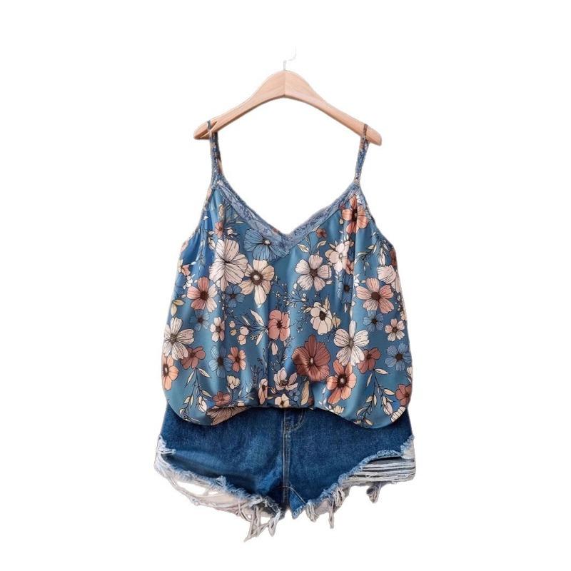 Summer New Women's Retro Floral Print Lace Camisole Sleeveless Top