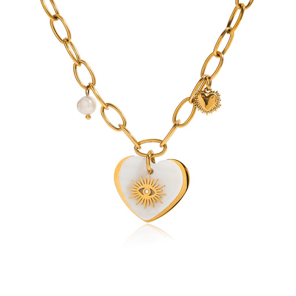 Neuer Eingang Süßwasserperlmutt Muschel Herz Böser Blick Anhänger Halskette 2025 Goldene Kette Modeschmuck PVD Beschichtet