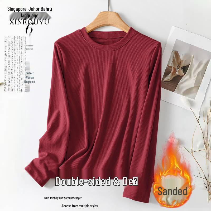 Women's Solid Color Round Neck Fleece T-Shirt - Long-Sleeved and Warm, Perfect for Autumn and Winter Layering.